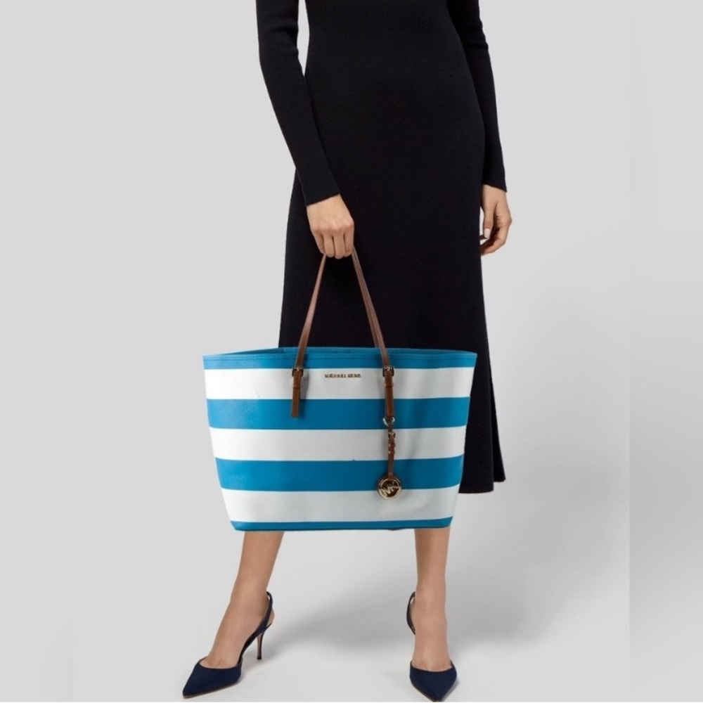 Michael Kors Blue/White Saffiano Leather Stripe Travel Tote Jet Set
